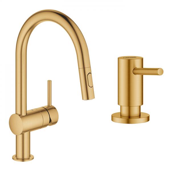 Grohe Minta New k&oslash;kkenarmatur m/udtr&aelig;k og s&aelig;bedispenser - B&oslash;rstet cool sunrise