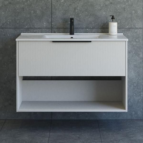 Dansani Mido+ Classic 101 m&oslash;bels&aelig;t m/Amber vask, 1 skuffe og &aring;bent rum - Striber/mat sand