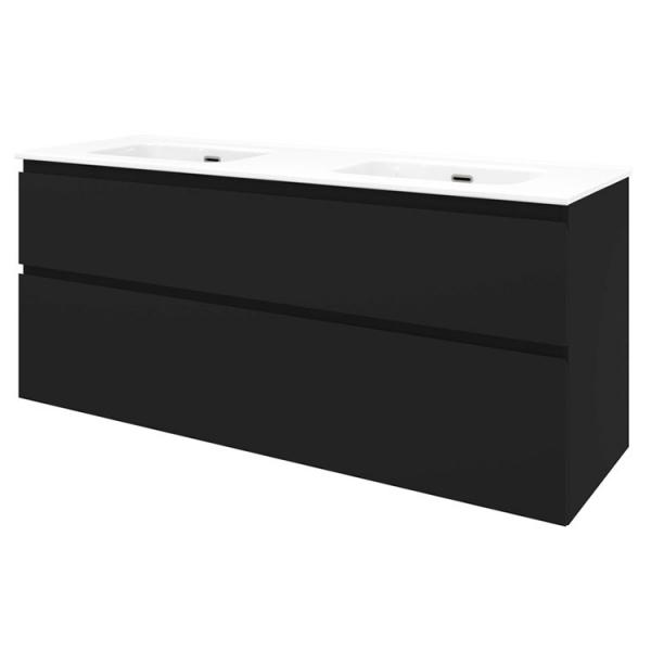 Sanibell Proline 140 m&oslash;bels&aelig;t m/2 asymmetriske skuffer og dobbeltvask - Uden hanehul - Mat sort