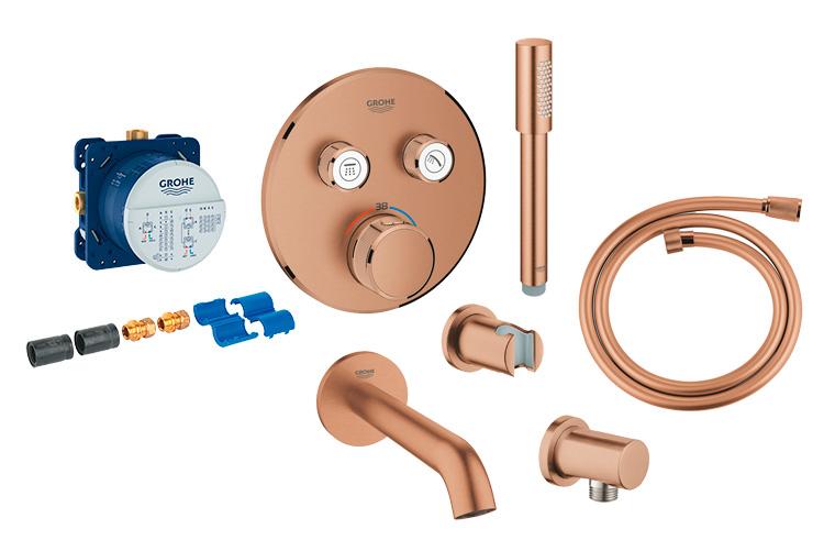 Grohe komplet indbygningspakke til badekar inkl termostat - B&oslash;rstet Warm Sunset