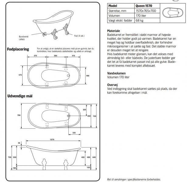 Hafa Queen fritst&aring;ende badekar 1570 m/krom l&oslash;vef&oslash;dder