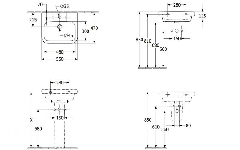 V&B Architectura 55 h&aring;ndvask t/v&aelig;g - 1/3 hanehuller