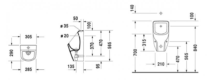 Duravit D-code urinal m/dyse tilslutning fra oven og &aring;ben skyllerand