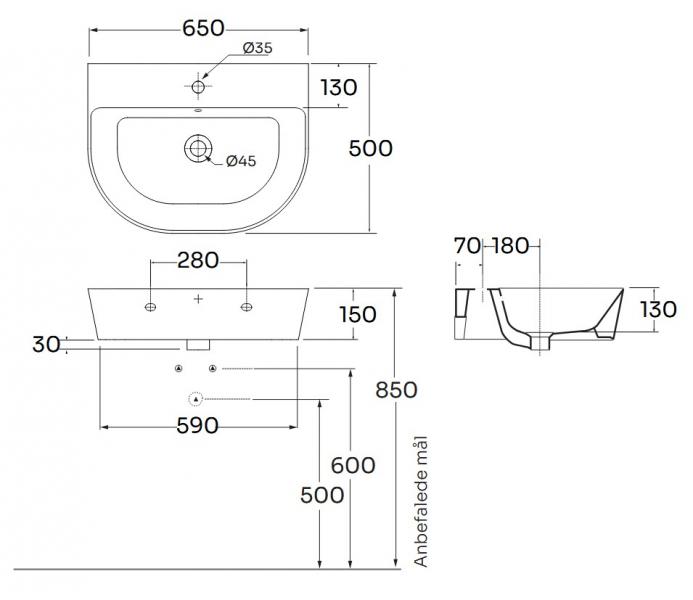 Lavabo Forma 65 h&aring;ndvask t/v&aelig;g eller m&oslash;bel - 1 hanehul - Taupe