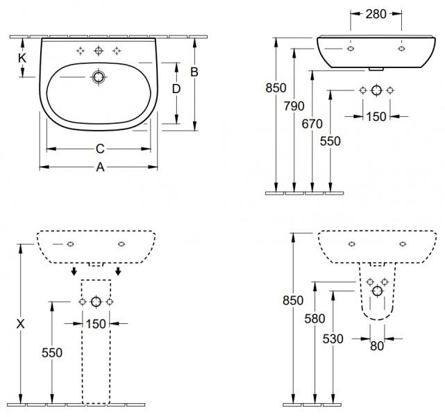V&B O.novo 60 h&aring;ndvask t/v&aelig;g - 1/3 hanehuller