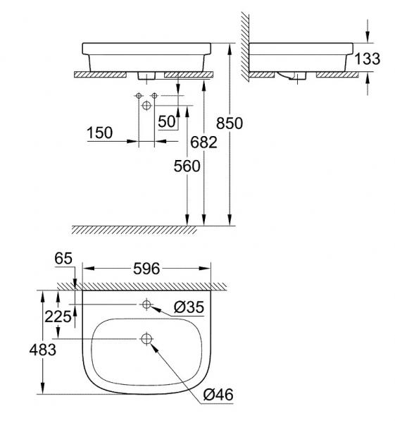 Grohe Euro 60 bowlevask op til v&aelig;g - 1 hanehul - Med overl&oslash;b