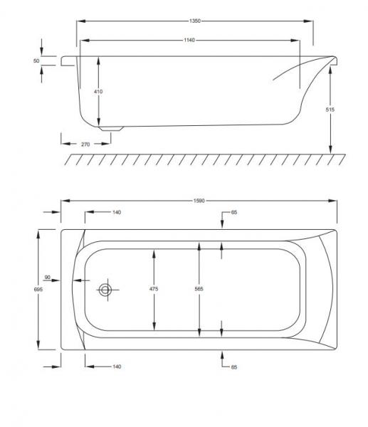 Str&oslash;mberg Delta badekar t/indbygning - 160 x 70 - 1 rygl&aelig;n