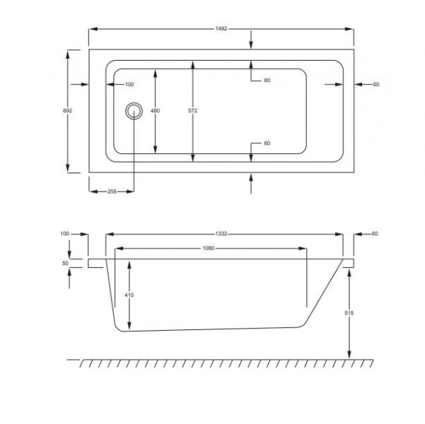 Str&oslash;mberg Quantum badekar t/indbygning - 150 x 70 - 1 rygl&aelig;n - m/Carronite