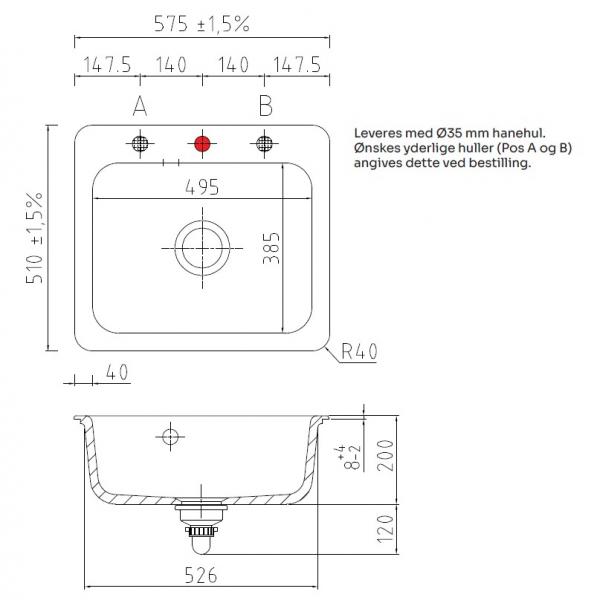 Lavabo Juna 57 k&oslash;kkenvask i keramik - Hvid/krom