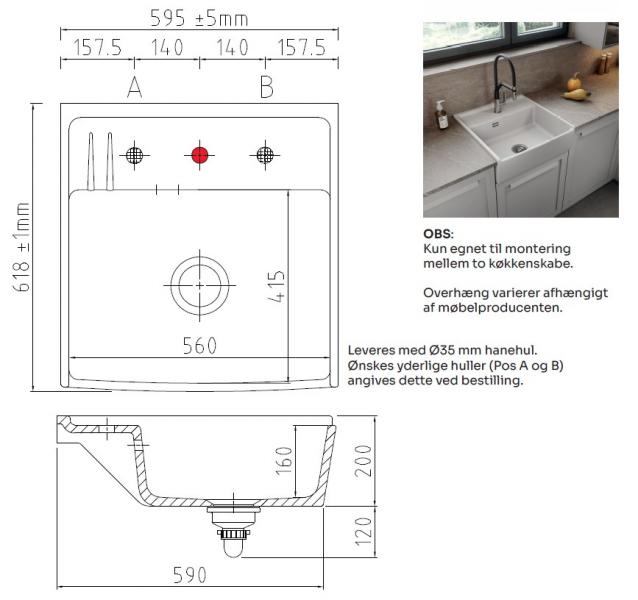 Lavabo Kentro 60 k&oslash;kkenvask i porcel&aelig;n - Hvid/krom