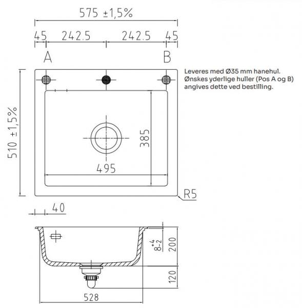 Lavabo Mera 57 porcel&aelig;nsk&oslash;kkenvask - Mat hvid/Krom afl&oslash;b