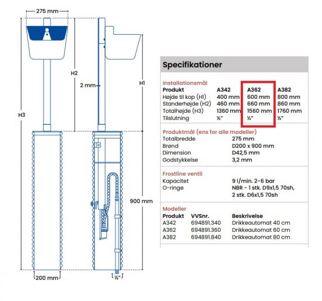 Frostfri drikkeautomat til k&oslash;er og heste - 60 cm
