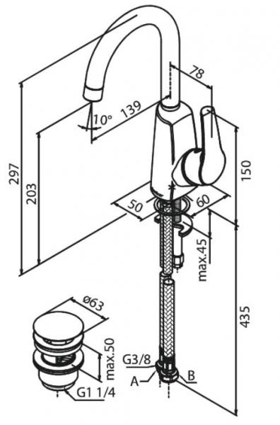 Damixa Rowan h&aring;ndvaskarmatur m/bundventil og svingtud - H&oslash;j tud