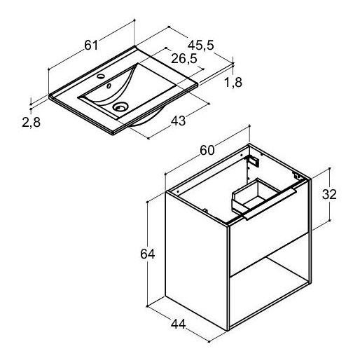 Dansani Mido+ Classic 61 m&oslash;bels&aelig;t m/Amber vask, 1 skuffe og &aring;bent rum - Mat sand