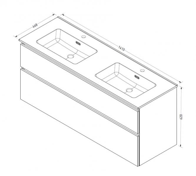 Sanibell Proline 140 m&oslash;bels&aelig;t m/asymmetriske skuffer og dobbeltvask - Sort eg