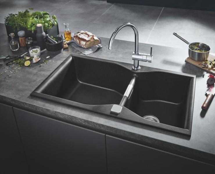 Grohe K700 dobbelt k&oslash;kkenvask - Sort granit