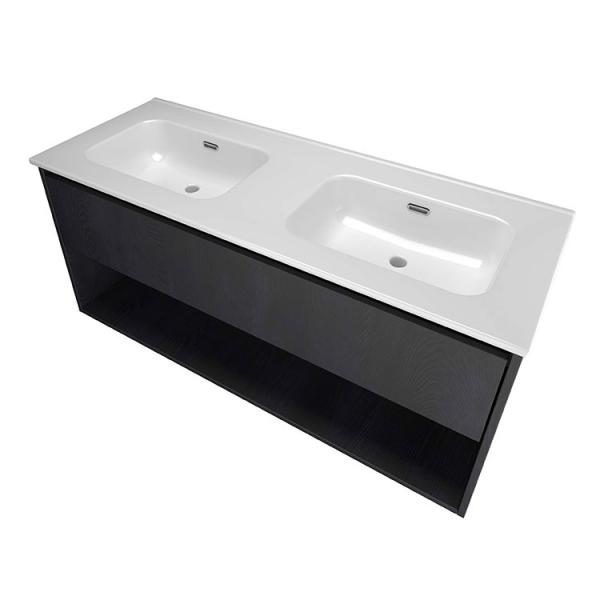 Sanibell Proline 120 m&oslash;bels&aelig;t m/1 skuffe, hylde og dobbeltvask - Uden hanehul - Sort eg