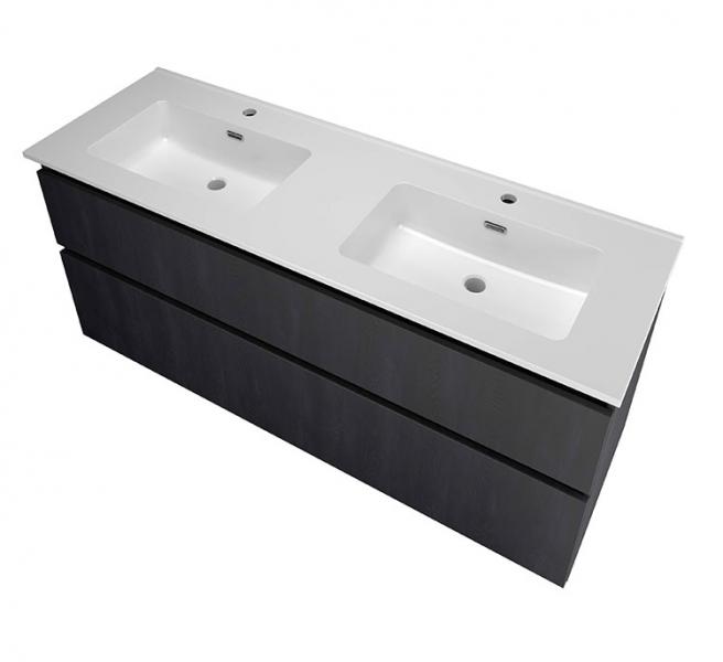 Sanibell Proline 140 m&oslash;bels&aelig;t m/asymmetriske skuffer og dobbeltvask - Sort eg