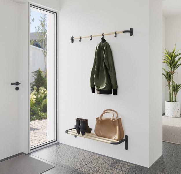 Beslagsboden knager&aelig;kke m/4 knager - 1000 mm - Tr&aelig;/mat sort