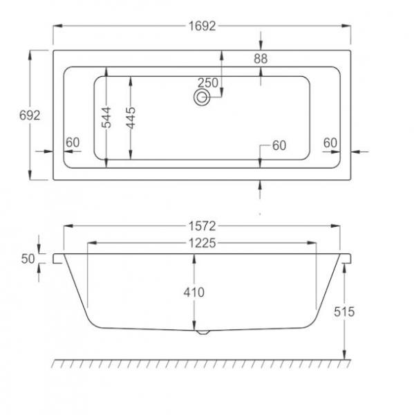 Str&oslash;mberg Quantum badekar t/indbygning - 170 x 70 - 2 rygl&aelig;n - m/Carronite